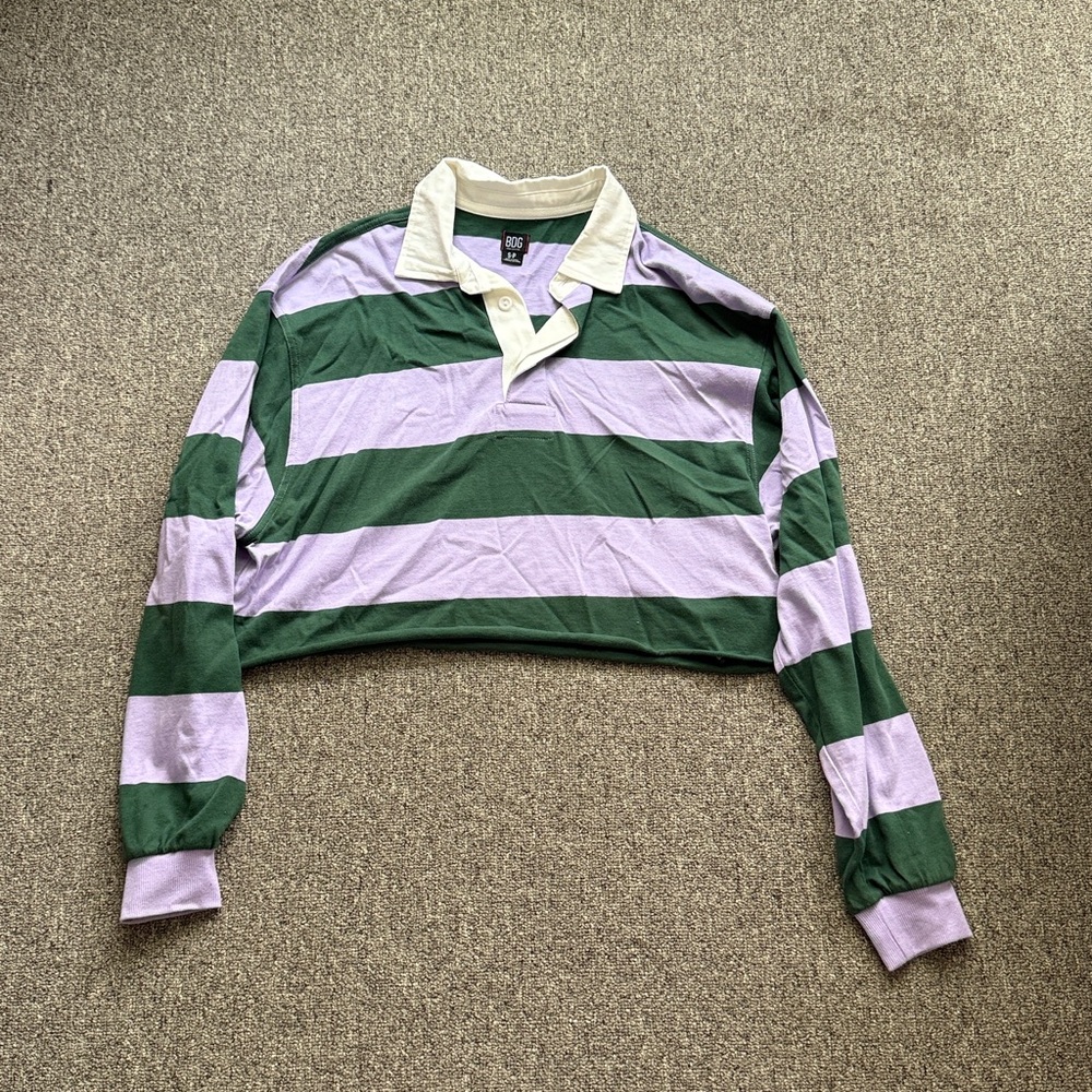 BDG Green and Purple Striped Cropped Polo